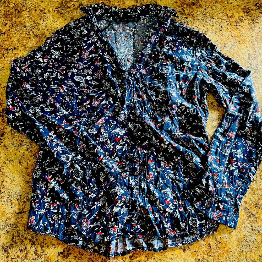 Zara Basic Blue Floral Print Blouse, Size S